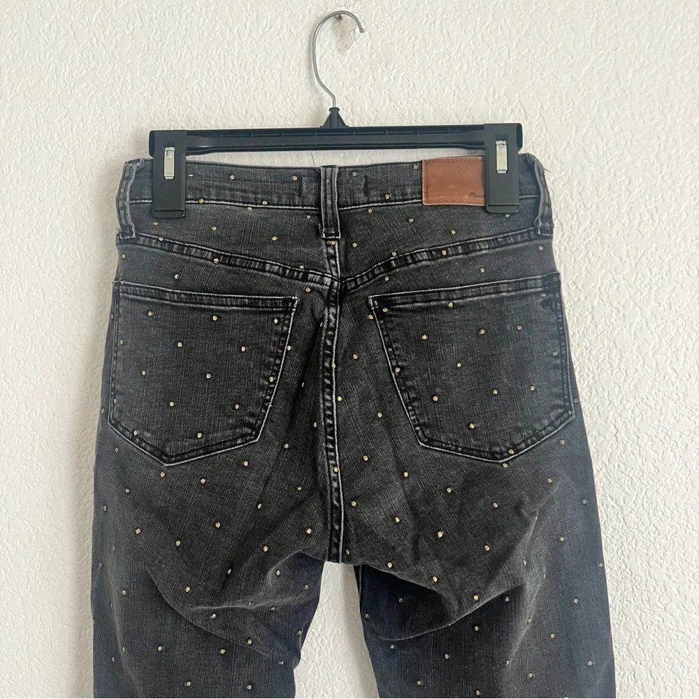 Madewell 26 Waist Black Skinny Jeans with Gold Embroidered Polka Dots 10” Rise